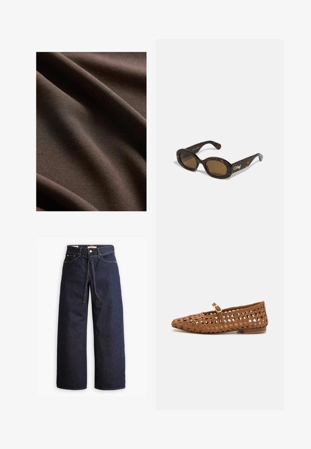 Cămașă lungă din lână maro, cu guler decupat, mâneci lungi și cordon din același material. Prezintă o croială ajustată și o textură fină.; Pulover tricotat maro cu guler înalt, mâneci raglan și textură ribilată. Croială lejeră, cu o nuanță solidă, fără modele.; Next REGULAR FIT - SLEEVLESS - Top - chocolate brown; Blugi din denim cu talie înaltă, de culoare albastru închis, cu picior larg, dotati cu şnur pentru ajustare, cinci buzunare şi detalii de cusătură în contrast.; Pantofii plat împreună din fibră maro, cu vârful ascuțit și un design decupat. Prezintă o curea cu cataramă mică și un toc din lemn de înălțime mică.; Ochelari de soare cu rame ovale din material țestoasă, cu lentile de culoare brună și branding "Chloé" pe braț. Material din plastic neted cu finisaj lucios.; Geantă din piele maro țesută, cu formă rotunjită, mânere superioare duble și textură netedă; include cusături subtile pentru detalii de design.