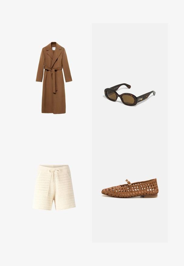 Lang brownet uldfrakke med en spids krave, lange ærmer og bælte som kan bindes. Har skræddersyet snit og glat tekstur.; Brun strikket sweater med høj krave, raglanærmer og ribbete tekstur. Løs pasform, med en ensfarvet farve uden mønstre.; Crèmelignende, strikkede shorts med en tekstureret, åben vævning. Har en snøre i taljen og to frontlommer. Casual design, mid-længde pasform.; Vævet brun flad sko med spids tå og udskæringsdesign. Har en lille spænde strop og en lav træhæl.; Skildpaddemønstret solbriller med ovale stel, brune tonede glas og "Chloé" branding på siden. Glat plastmateriale med blank overflade.; Vævet brun lædertaske med rund form, dobbelt top håndtag og glat tekstur; har diskret syning som designdetalje.