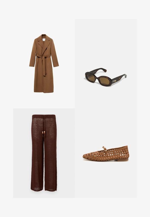Długi brązowy wełniany płaszcz z wyciętym kołnierzem, długimi rękawami i paskiem z tego samego materiału. Charakteryzuje się dopasowanym krojem i gładką teksturą.; Brązowy sweter warkoczowy z wysokim kołnierzem, rękawami raglanowymi i prążkowaną fakturą. Luźny krój, w jednolitym kolorze, bez wzorów.; Brązowe dzianinowe spodnie szerokie z elastycznym pasem i drewnianymi koralikami. Materiał jest półprzezroczysty z teksturowanym wzorem.; Woven brązowy płaski but z ostro zakończonym noskiem i wzorem z wycięciami. Posiada mały pasek z klamrą i niski drewniany obcas.; Okulary przeciwsłoneczne w kolorze żółwiej skorupy z owalnymi ramkami, brązowymi szkłami i logo "Chloé" na zauszniku. Gładki plastikowy materiał z błyszczące wykończenie.; Woven brązowa skórzana torebka o zaokrąglonym kształcie, z podwójnymi uchwytami u góry i gładką fakturą; posiada subtelne przeszycia jako detal projektu.