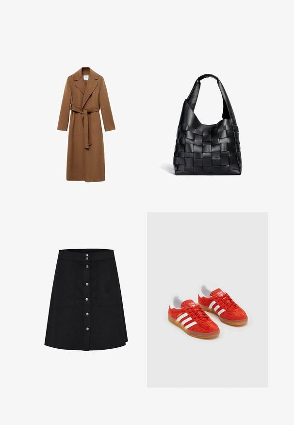 Lungo cappotto di lana marrone con colletto a rever, maniche lunghe e cintura da annodare. Presenta una vestibilità sartoriale e una superficie liscia.; Maglione corto nero con colletto alto, texture a coste e maniche ampie. Realizzato in morbido materiale lavorato a maglia. Design semplice senza motivi.; Gonna nera a trapezio realizzata in tessuto strutturato, con chiusura frontale a bottoni, due tasche laterali e orlo a lunghezza ginocchio.; Sneakers in suede rosso con strisce bianche, suola in gomma, collo imbottito e logo sulla linguetta. Design classico con tomaia testurizzata.; Borsa a spalla in pelle nera intrecciata con una forma morbida e ampio manico. Caratterizzata da un design testurizzato e intrecciato con una finitura liscia.