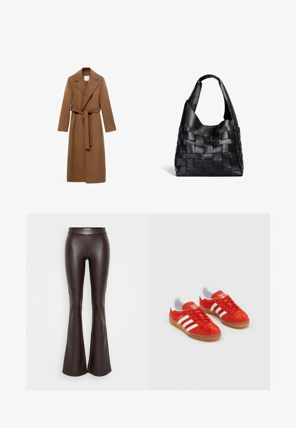 Cămașă lungă din lână maro, cu guler decupat, mâneci lungi și cordon din același material. Prezintă o croială ajustată și o textură fină.; Pulover scurt de culoare neagră cu guler înalt, textura ribbed și mâneci largi. Fabricat dintr-un material tricotat moale. Design simplu, fără modele.; Pantaloni evazați din piele ecologică maro, cu o textură netedă și talie ajustată, având o evazare care începe sub genunchi.; Tenisi roșii din suede cu dungi albe, talpă din cauciuc, guler căptușit și logo pe limbă. Design clasic cu suprafață texturată.; Geantă de umăr din piele neagră împletită, cu o formă lejeră și un umăr lat. Prezintă un design texturat, împletit, cu o finisare netedă.