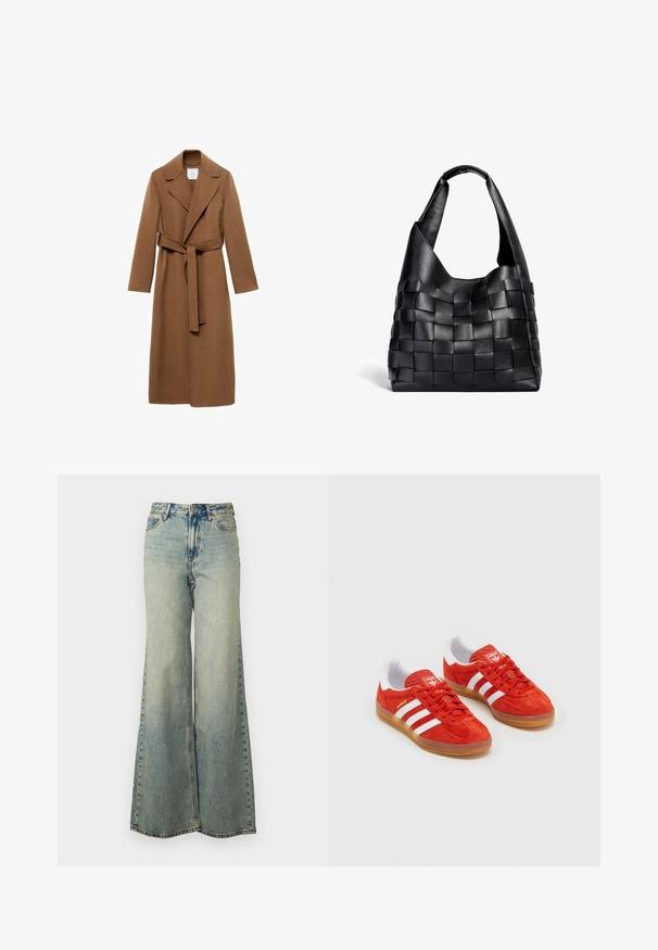 Cămașă lungă din lână maro, cu guler decupat, mâneci lungi și cordon din același material. Prezintă o croială ajustată și o textură fină.; Pulover scurt de culoare neagră cu guler înalt, textura ribbed și mâneci largi. Fabricat dintr-un material tricotat moale. Design simplu, fără modele.; Jeans din denim albastre deschise, cu croi larg, talie înaltă, spălare uzată și buzunare laterale cu cusătură vizibilă.; Tenisi roșii din suede cu dungi albe, talpă din cauciuc, guler căptușit și logo pe limbă. Design clasic cu suprafață texturată.; Geantă de umăr din piele neagră împletită, cu o formă lejeră și un umăr lat. Prezintă un design texturat, împletit, cu o finisare netedă.