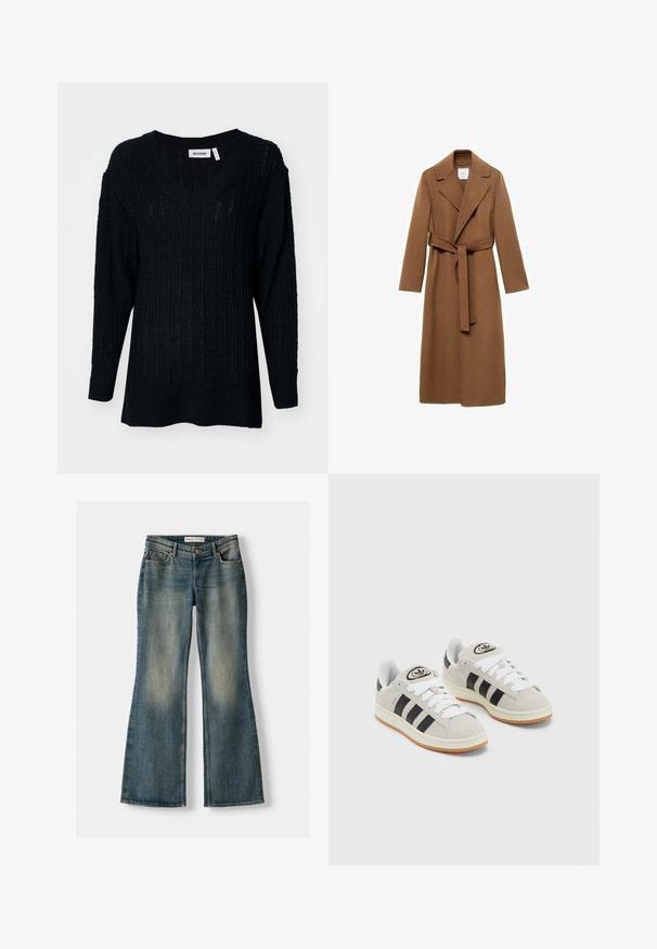 Długi brązowy wełniany płaszcz z wyciętym kołnierzem, długimi rękawami i paskiem z tego samego materiału. Charakteryzuje się dopasowanym krojem i gładką teksturą.; Czarny sweter dzianinowy z dekoltem w serek, prążkowaną teksturą i długimi rękawami. Luźny krój z nieco dłuższym tyłem. Widoczna metka marki.; Niebieskie dżinsy w fasonie dzwonów z wyblakłym wykończeniem, pięcioma kieszeniami i zapięciem na guzik. Materiał ma fakturę dżinsu z subtelnymi detalami szycia.; Szare zamszowe trampki z białymi sznurówkami, czarnymi paskami i białą gumową podeszwą. Posiadają okrągłe logo na języku oraz gumową podeszwę.