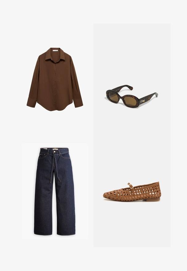 Dlhý hnedý vlnený kabát s výstrihom do "V", dlhými rukávmi a opaskom na viazanie. Obsahuje priliehavý strih a hladkú textúru.; Mango Blúzka so zapínaním na gombíky - brown; Široké tmavomodré denimové džínsy s vysokým pásom, so šnúrkou na sťahovanie, piatimi vreckami a kontrastným prešívaním.; Tkaná hnedá plochá obuv s špicatou špičkou a výrezovým dizajnom. Obsahuje malý prackový remienok a nízky drevený podpätok.; Korytnačkové slnečné okuliare s oválnymi rámami, hnedými tónovanými šošovkami a značkovaním "Chloé" na rámiku. Hladký plastový materiál s lesklým povrchom.; Tkaná hnedá kožená kabelka zaobleného tvaru, s dvojitými hornými uchami a hladkým povrchom; obsahuje jemné prešívanie pre dizajnový detail.