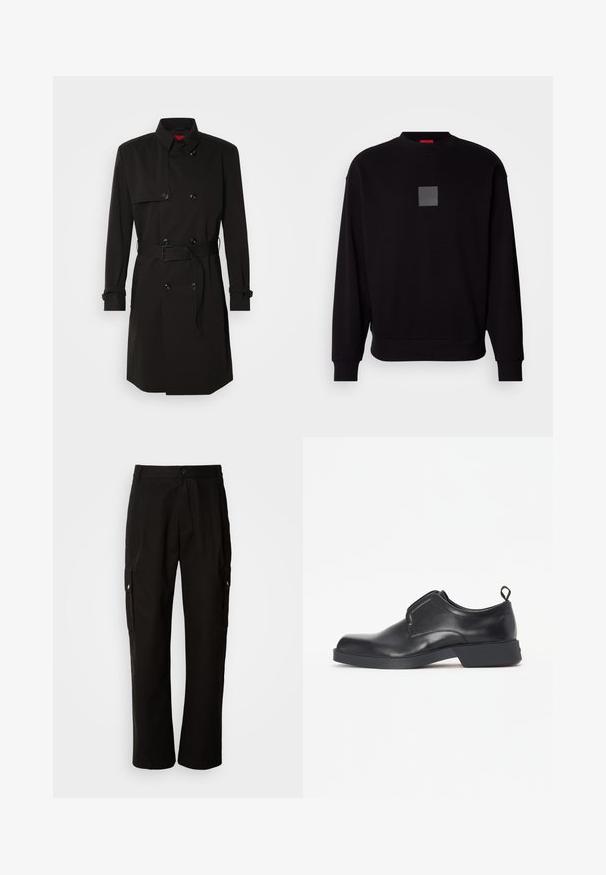 Mustade trench-takid, millel on kahekordselt nööbitud disain, suured nööbid, vööl olev rihm ja kõrge krae. Sile kangas matta viimistlusega.; Mustra musta dressipluus pikade varrukatega, ümar kaelus, ees hall ruudukujuline logo, pehme tekstuur ning soonikkoes varrukate ja allääre juures.; Mustad mustadeks rõivasteks mõeldud puuvillased püksid, millel on lõdva istuvuse disain, küljetaskud, nööbiga sulgemine ja sirged sääred. Lihtne disain ilma mustriteta.; Must sisaldab ümarat sõrmeosa ja mõõdukat kontsa, mustast nahast slip-on kinga, millel on esipaneel ja väike tõmbeaas tagaküljel.