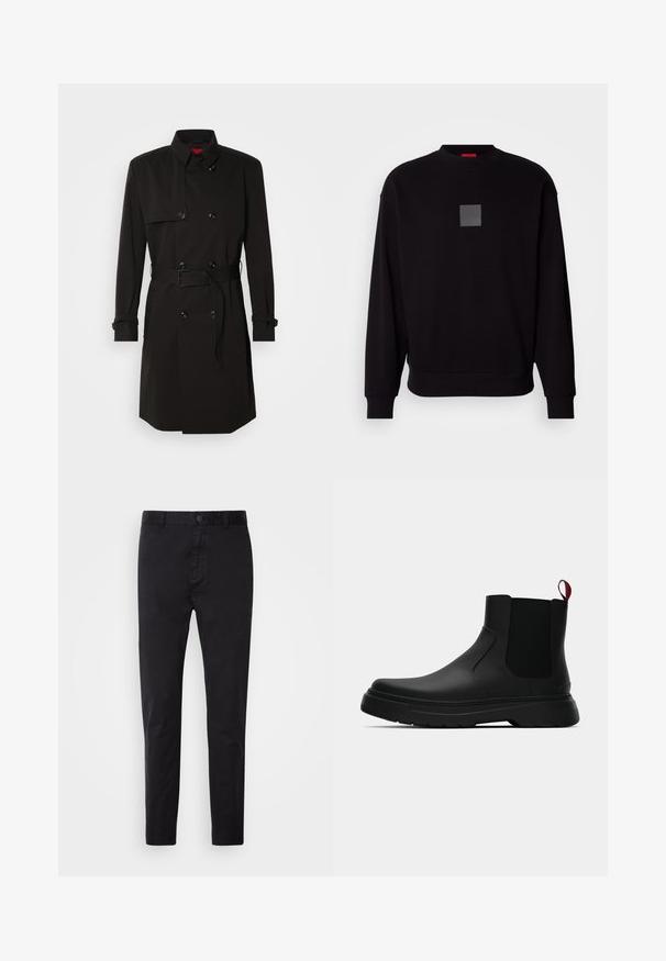 Mustat trench-takit, joissa on kaksirivinen malli, suuret napit, vyötärönauha ja korkea kaulus. Sileä kangas matta pinnalla.; Musta collegepaita pitkilla hihoilla, pyöreällä kaula-aukolla, edessä harmaa neliölogo, pehmeä rakenne sekä ribbaus hihansuissa ja helmassa.; Mustat chinosit, joissa on sileä pinta, napillinen sulku ja kapeneva muotoilu. Ihanteelliset rentoon tai puoliformaaliseen pukeutumiseen.; Musta nilkkuri, jossa on sileä pinta, elastiset sivupaneelit ja erottuva punainen vetonauha, paksu kumipohja ja pyöristetty varvas.