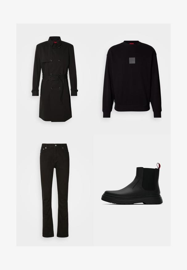 Crni trench kaput s dvostrukim kopčanjem, velikim gumbima, remenom u struku i visokim ovratnikom. Glatka tkanina s mat završetkom.; Crna dukserica dugih rukava, okruglog izreza, sivo kvadratno logo na prednjem dijelu, meke teksture i rebrastim manžetama i rubom.; Crne traperice s ravnim nogavicama, koje imaju prednje džepove, zatvaranje na zatvarač i srebrne detalje. Glatka tekstura, bez uzoraka.; Crni gležnjači s glatkom površinom, elastičnim bočnim panelima i kontrastnom crvenom vučnom petljom, s debelim gumenim potplatom i zaobljenim vrhom.