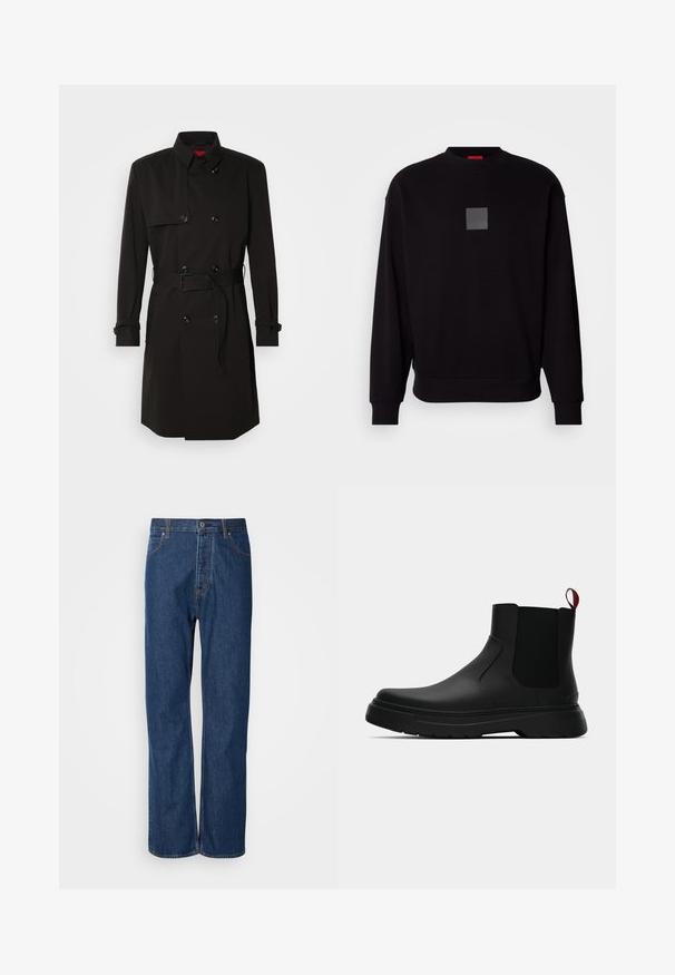 Černý trenčkot s dvouvrstvým designem, velkými knoflíky, páskem v pase a vysokým límcem. Hladká tkanina s matným povrchem.; Černá mikina s dlouhými rukávy, kulatým výstřihem, předním šedým čtvercovým logem, jemnou strukturou a žebrovanými manžetami a lemem.; Modré džíny z denimu s rovnými nohavicemi, vybavené knoflíkovým zapínáním, pěti kapsami a kontrastním prošíváním podél švů.; Černé kotníkové boty s hladkým povrchem, elastickými bočními panely a kontrastním červeným poutkem, s tlustou gumovou podrážkou a zaoblenou špičkou.