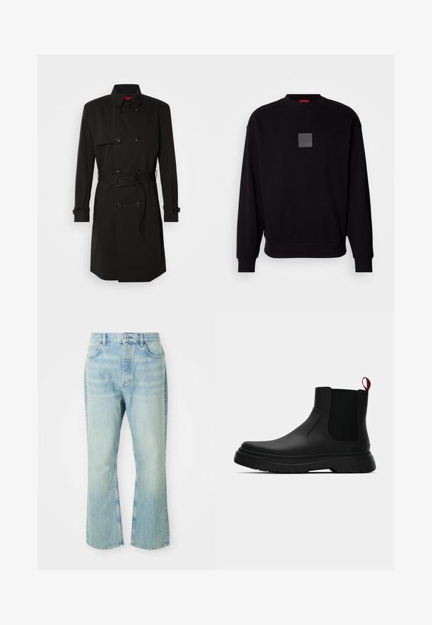 Črni plašč s dvojno zadrgo, velikimi gumbi, pasom in visokim ovratnikom. Gladek material z mat površino.; Črn pulover z dolgimi rokavi, okroglo izrezan, spredaj z sivim kvadratnim logotipom, mehkega materiala in rebrastimi manšetami ter robom.; Svijetloplavi traper jeans sa širom nogavicom i visokim strukom, sa pet džepova, petljama za pojas i izbljeđenom teksturom.; Črne gležnjarje z gladkim zaključkom, elastičnimi stranskimi paneli in kontrastnim rdečim izvlečnim trakom, ki vključujejo debel gumijast podplat in zaobljen nos.