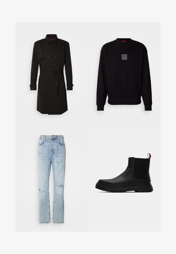 Abrigo negro de trench con diseño de doble botonadura, grandes botones, cintura con cinturón y cuello alto. Tejido suave con un acabado mate.; Sudadera negra de mangas largas, con cuello redondo, un logo cuadrado gris en el frente, textura suave y puños y dobladillo acanalados.; Jeans de mezclilla de lavado claro con un corte relajado, que presentan áreas desgastadas y bordes deshilachados. La tela tiene una textura suave y lisa.; Botín negro con un acabado liso, paneles laterales elásticos y una lengüeta de tirón roja contrastante, que presenta una suela de goma gruesa y punta redondeada.