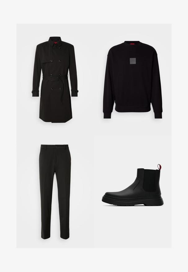 Mustade trench-takid, millel on kahekordselt nööbitud disain, suured nööbid, vööl olev rihm ja kõrge krae. Sile kangas matta viimistlusega.; Mustra musta dressipluus pikade varrukatega, ümar kaelus, ees hall ruudukujuline logo, pehme tekstuur ning soonikkoes varrukate ja allääre juures.; Mustad püksid siledast kangast, sirgete jalgadega, nupuvõtme sulgemisega ja klassikaline disain, sobiv nii ametlikeks kui ka igapäevasteks kandmiseks.; Mustad musta värvi ankle boot, millel on sile viimistlus, elastsed külgpaneelid ja kontrastne punane tõmbetaba. Saapadel on paks kummist tald ja ümar varvas.