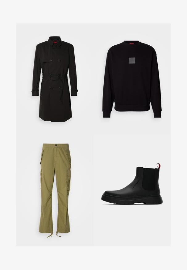 Czarny płaszcz typu trench z podwójnym zapięciem, dużymi guzikami, paskiem w talii oraz wysokim kołnierzem. Gładki materiał o matowym wykończeniu.; Czarna bluza z długimi rękawami, okrągłym dekoltem, szarym kwadratowym logo z przodu, miękką teksturą oraz ribbowymi mankietami i dołem.; Oliwkowe spodnie cargo z elastycznym pasem, kieszeniami bocznymi i regulowanymi sznurkami przy mankietach. Lekka tkanina o gładkiej strukturze.; Czarny botek za kostkę o gładkim wykończeniu, z elastycznymi bocznymi panelami i kontrastującą czerwoną pętelką, z grubą gumową podeszwą i zaokrąglonym noskiem.