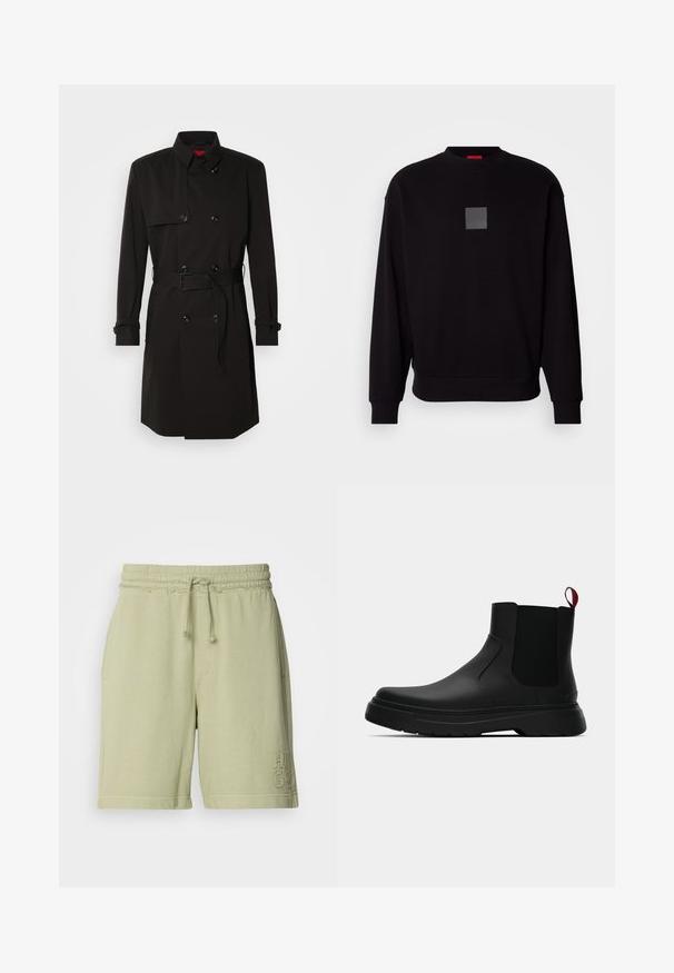 Czarny płaszcz typu trench z podwójnym zapięciem, dużymi guzikami, paskiem w talii oraz wysokim kołnierzem. Gładki materiał o matowym wykończeniu.; Czarna bluza z długimi rękawami, okrągłym dekoltem, szarym kwadratowym logo z przodu, miękką teksturą oraz ribbowymi mankietami i dołem.; Jasnozielone szorty z mieszanki bawełny z elastycznym pasem i regulowanym sznurkiem. Zawierają kieszenie boczne i haftowane logo na nodze.; Czarny botek za kostkę o gładkim wykończeniu, z elastycznymi bocznymi panelami i kontrastującą czerwoną pętelką, z grubą gumową podeszwą i zaokrąglonym noskiem.