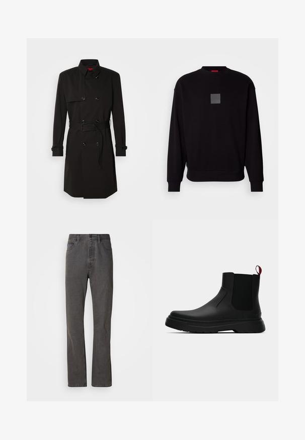 Cappotto lungo nero con design doppiopetto, grandi bottoni, vita con cintura e colletto alto. Tessuto liscio con finitura opaca.; Felpa nera con maniche lunghe, scollatura rotonda, logo quadrato grigio sul davanti, texture morbida e polsini e orlo a coste.; Jeans in denim grigio con un design a gamba dritta, dotati di tasche frontali, chiusura con bottone e una texture sottile.; Stivale alla caviglia nero con finitura liscia, pannelli laterali elastici e un tab di presa rosso a contrasto, dotato di una suola in gomma spessa e punta arrotondata.