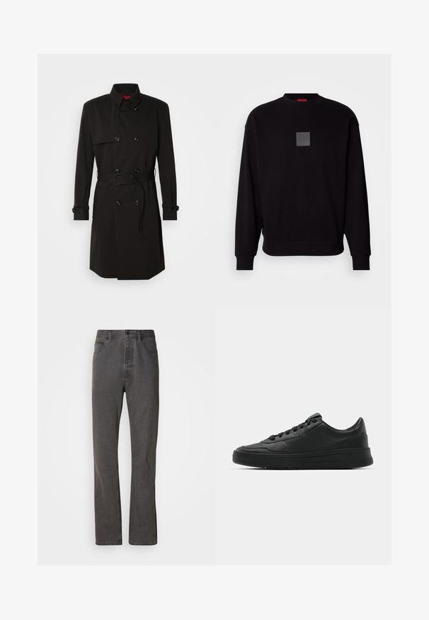 Mustat trench-takit, joissa on kaksirivinen malli, suuret napit, vyötärönauha ja korkea kaulus. Sileä kangas matta pinnalla.; Musta collegepaita pitkilla hihoilla, pyöreällä kaula-aukolla, edessä harmaa neliölogo, pehmeä rakenne sekä ribbaus hihansuissa ja helmassa.; Harmaat farkut suoran lahkeiden designilla, joissa on etutaskut, napin suljenta ja hillitty rakenne.; Mustat lenkkitossut, joissa on sileä nahkapäällinen, pyöreä kärki, tasaiset nauhat, pehmustettu nilkka ja minimalistinen muotoilu. Kumia pohja, jossa on hillitty urakuvio.