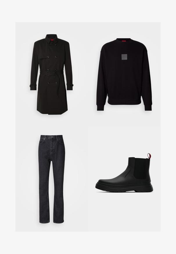 Zwarte trenchcoat met een dubbelzijdig ontwerp, grote knopen, een tailleband en een hoge kraag. Gladde stof met een matte afwerking.; Zwarte sweatshirt met lange mouwen, ronde halslijn, een grijzige vierkante logo op de voorkant, zachte textuur en geribde manchetten en zoom.; Hoge taille zwarte denim jeans met een knoop- en ritssluiting, voor- en achterzakken en een rechte pasvorm.; Zwarte enkelboot met een gladde afwerking, elastische zijpanelen en een contrasterende rode treklus, met een dikke rubberen zool en een afgeronde teen.