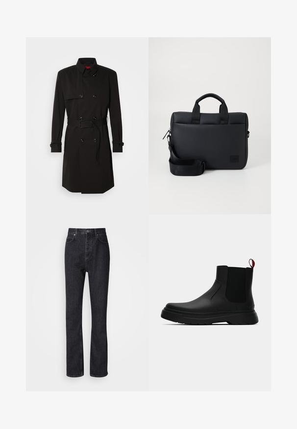 Svart trench coat med dubbelknäppt design, stora knappar, midjebälte och hög krage. Slät tyg med matt ytfinish.; Svart sweatshirt med lång ärm, rund halsringning, en grå fyrkantig logotyp på framsidan, mjuk textur och ribbade mudd- och slutkanter.; Högmidjade svarta denimjeans med knapp- och dragkedjestängning, fram- och bakfickor samt rak benpassform.; Svarta ankelstövlar med en slät yta, elastiska sidopaneler och en kontrasterande röd dragflik, med en tjock gummisula och rund tå.; Svart texturerad bärbar dataväska med dubbla överhandtag, avtagbar rem, dragkedjestängning och en liten logotyp för varumärket.