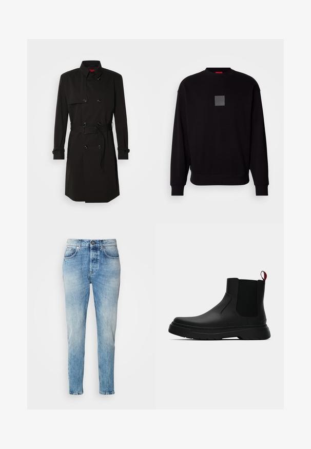 Melns tranšejas mētelis ar dubulto pogu dizainu, lielām pogām, jostu viduklī un augstu apkakli. Gluda auduma ar matētu apdari.; Melns džemperis ar garām piedurknēm, apaļu kakla izgriezumu, priekšpusē pelēks kvadrāta logotips, mīksta tekstūra un ribotas piedurknes un apakšmala.; Gai zila džinsu auduma bikses ar izbalējušu krāsu, taisna kāju dizains, piecas kabatas un metāla pogas aizdare. Smalkas nodilušas vietas uz gurniem.; Melnas potītes ar gludu apdari, elastīgiem sānu paneļiem un kontrastējošu sarkano cilpu, aprīkotas ar biezu gumijas zoli un noapaļotu purngalu.