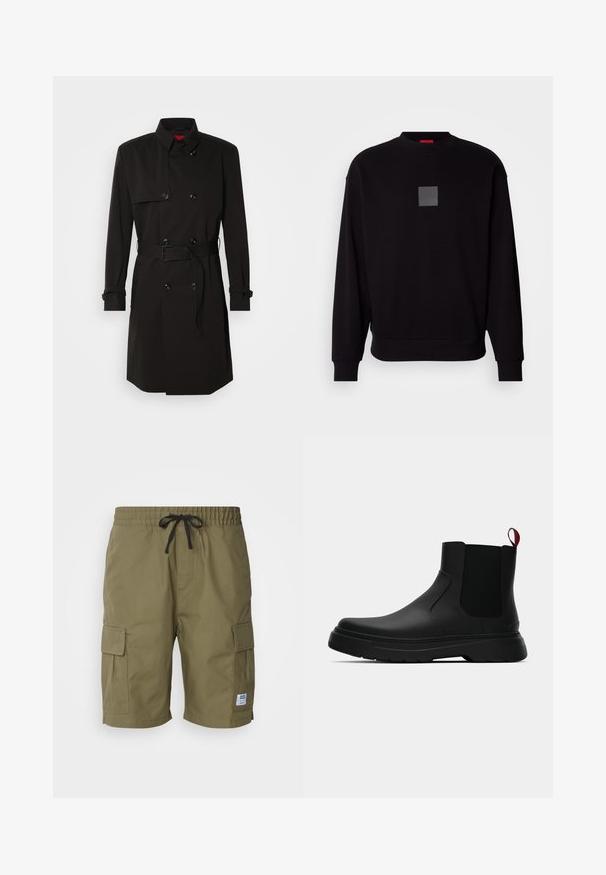 Palton negru cu un design cu dublu rând, butoane mari, talie cu curea și guler înalt. Material neted cu o finisare mată.; Hanorac negru cu mâneci lungi, decolteu rotund, logo pătrat gri pe față, textură moale și manșete și tiv ribbate.; Pantaloni scurți cargo de culoare verde măsliniu, dintr-un material ușor, cu talie elastică și șnur de ajustare, având buzunare cargo pe lateral.; Botine negre până la gleznă, cu un finisaj neted, panouri laterale elastice și un tab de prindere roșu contrastant, având o talpă groasă din cauciuc și vârf rotunjit.