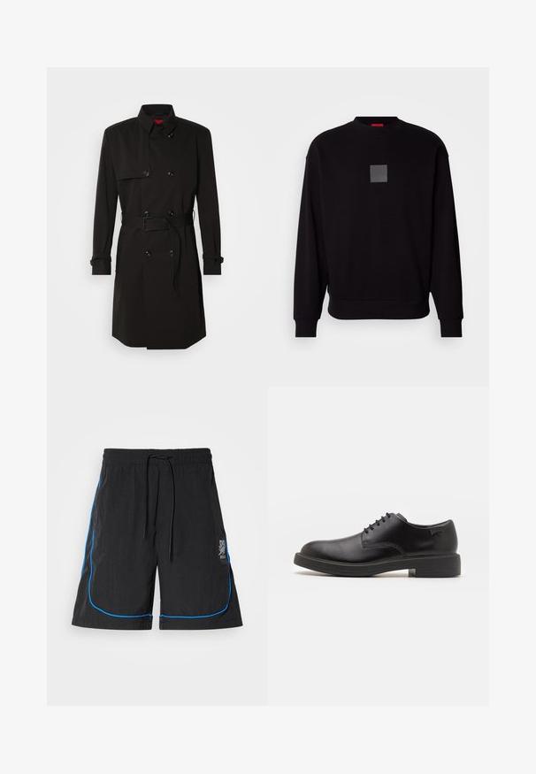 Mustat trench-takit, joissa on kaksirivinen malli, suuret napit, vyötärönauha ja korkea kaulus. Sileä kangas matta pinnalla.; Musta collegepaita pitkilla hihoilla, pyöreällä kaula-aukolla, edessä harmaa neliölogo, pehmeä rakenne sekä ribbaus hihansuissa ja helmassa.; Mustat uimaportsarit, joissa on nauhavyötärö, siniset tikkaukset saumoissa ja logo vasemmassa reiden kohdalla. Kevyt kangas.; Mustat nahkasaappaat, joissa on pyöreä kärki, sileä pinta, minimaalinen ommel ja matala kumipohja. Logo kannassa.