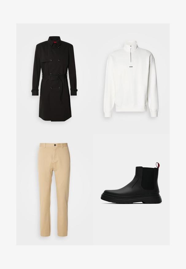 Black trench coat featuring a double-breasted design, large buttons, a belted waist, and a high collar. Smooth fabric with a matte finish.; White pullover sweatshirt with a high collar and half-zip, featuring a small black "HUGO" logo centered on the chest. Soft fabric texture.; Beige chinos with a smooth cotton fabric, slim fit, flat front, belt loops, and a single button closure. Tailored design with subtle stitching.; Black ankle boot with a smooth finish, elastic side panels, and a contrasting red pull tab, featuring a thick rubber sole and rounded toe.