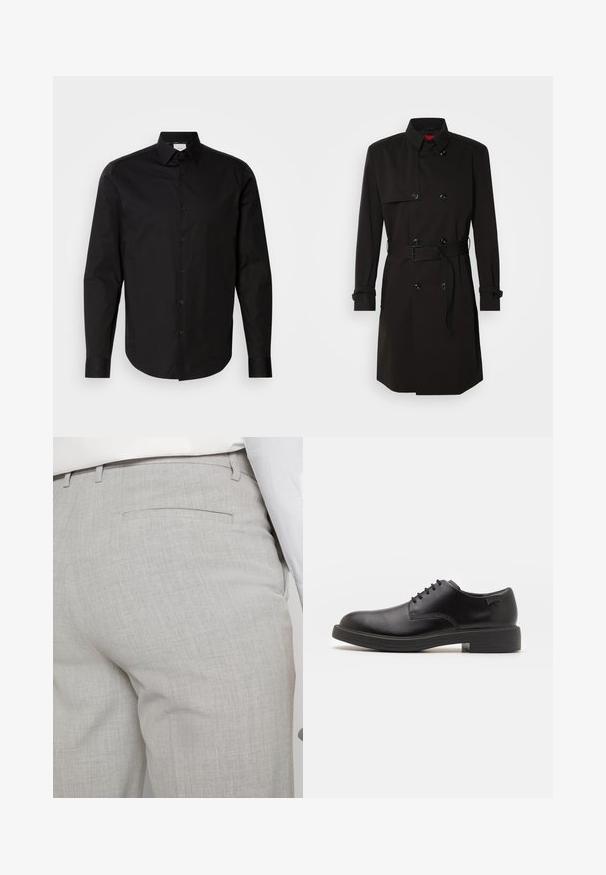 Cappotto lungo nero con design doppiopetto, grandi bottoni, vita con cintura e colletto alto. Tessuto liscio con finitura opaca.; Maglione a collo alto nero realizzato in materiale morbido, con maniche lunghe e vestibilità aderente. Bordo a coste all'orlo e ai polsini. Design semplice.; Camicia nera a maniche lunghe con bottoni, realizzata in morbido cotone. Presenta un colletto classico, bottoni frontali e un orlo curvo.; Pantaloni sartoriali grigio chiaro realizzati in tessuto strutturato, con una tasca posteriore singola e cuciture pulite.; Scarpa nera in pelle con lacci, punta tonda, texture liscia, cuciture minime e tacco in gomma basso. Logo sul tacco.