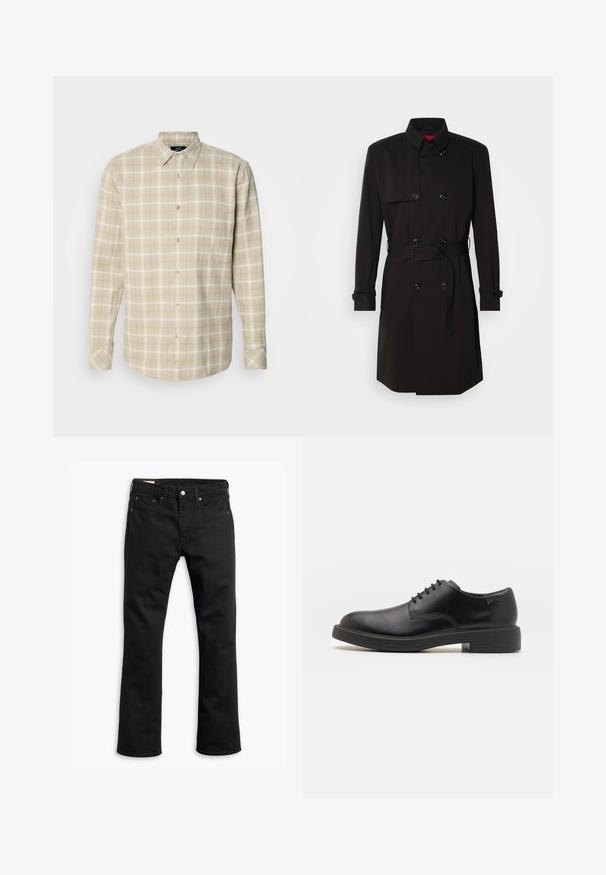 Black trench coat featuring a double-breasted design, large buttons, a belted waist, and a high collar. Smooth fabric with a matte finish.; Black turtleneck sweater made of soft material, featuring long sleeves and a snug fit. Ribbed trim at the hem and cuffs. Simple design.; Mads Nørgaard ALASKA CHECK SUNE SHIRT - Shirt - vanilla ice/silver sage; Black denim jeans with a straight leg design, five pockets, metal button closure, and subtle stitching details. Smooth texture and solid color.; Black leather lace-up shoe with a rounded toe, smooth texture, minimal stitching, and a low rubber heel. Logo on the heel.