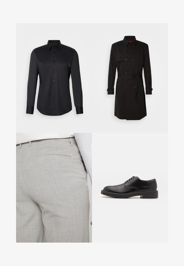 Crni trench kaput s dvostrukim kopčanjem, velikim gumbima, remenom u struku i visokim ovratnikom. Glatka tkanina s mat završetkom.; Crni dukserica s visokim ovratnikom, napravljena od mekanog materijala, s dugim rukavima i priljubljenim krojem. Rebrasti detalji na donjem rubu i rukavima. Jednostavan dizajn.; Crna košulja na dugih rukava od glatkog materijala, s klasičnom okovratnikom, dugim rukavima i kopčanjem s dugmadi sprijeda.; Svijetlosive krojene hlače od teksturiranog materijala, s jednim stražnjim džepom i čistim šavovima.; Crne kožne cipele s vezanjem i zaobljenim vrhom, glatke teksture, minimalnim šavovima i niskim gumiranim potplatom. Logo se nalazi na peti.
