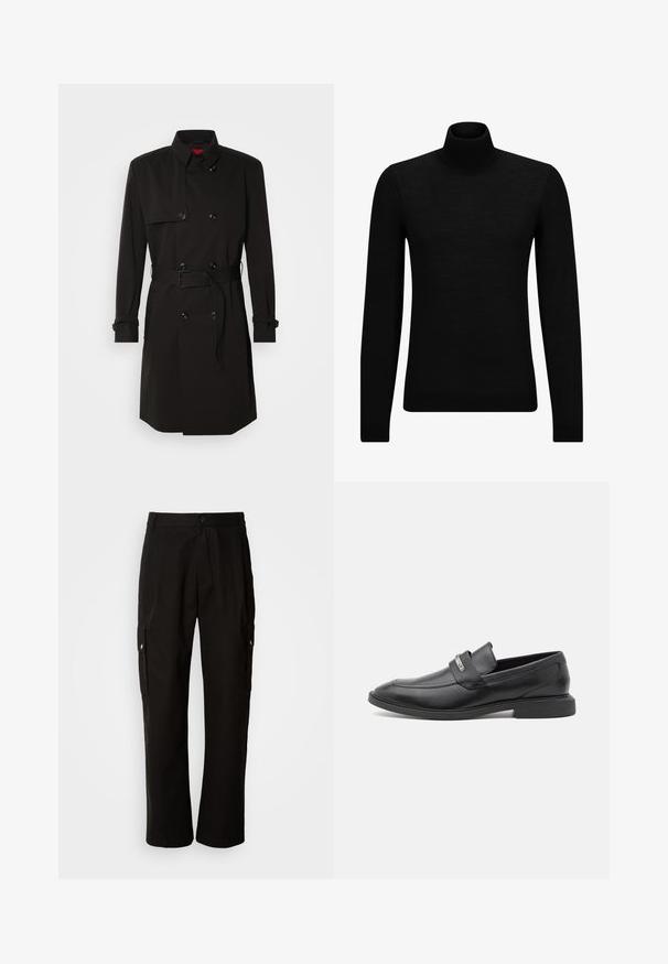 Black trench coat featuring a double-breasted design, large buttons, a belted waist, and a high collar. Smooth fabric with a matte finish.; Black turtleneck sweater made of soft material, featuring long sleeves and a snug fit. Ribbed trim at the hem and cuffs. Simple design.; Black cargo pants made of cotton with a relaxed fit, featuring side pockets, a button closure, and straight legs. Simple design without patterns.; Black leather loafers with a smooth finish, featuring a strap across the instep and a subtle metal accent. Low-profile rubber sole.