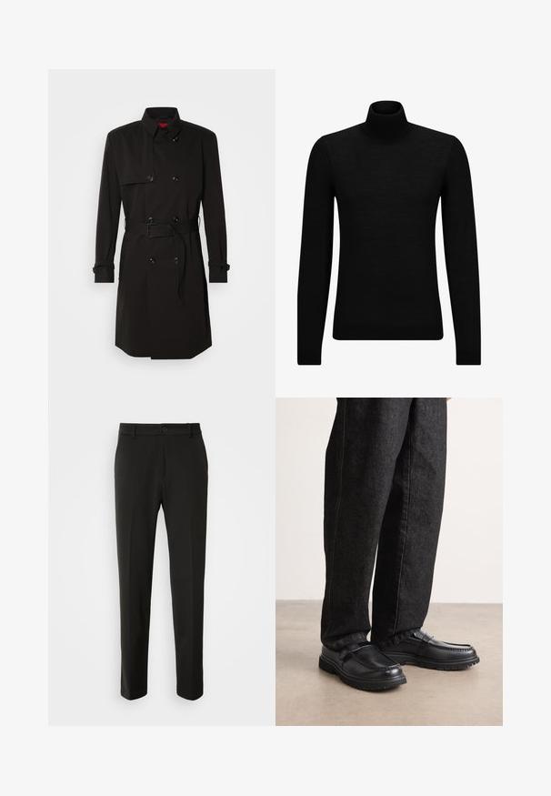 Mustade trench-takid, millel on kahekordselt nööbitud disain, suured nööbid, vööl olev rihm ja kõrge krae. Sile kangas matta viimistlusega.; Musthave muströid ja pehmest materjalist must turtleneck, millel on pikad varrukad ja tihe istuvus. Ribaga ääris allservas ja vöökohal. Lihtne disain.; Mustad püksid siledast kangast, sirgete jalgadega, nupuvõtme sulgemisega ja klassikaline disain, sobiv nii ametlikeks kui ka igapäevasteks kandmiseks.; Mustad nahast kingad, millel on tekstureeritud viimistlus, väljaulatuva õmbluse disain ja tugev kummitald, kantud tumedate teksapükstega.