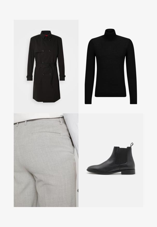 Mustade trench-takid, millel on kahekordselt nööbitud disain, suured nööbid, vööl olev rihm ja kõrge krae. Sile kangas matta viimistlusega.; Musthave muströid ja pehmest materjalist must turtleneck, millel on pikad varrukad ja tihe istuvus. Ribaga ääris allservas ja vöökohal. Lihtne disain.; Heledat hallid kohandatud püksid tekstuurse kangaga, millel on üks tagatasku ja puhas õmblus.; Mustalt nahast Chelsea saapad elastse küljetasku, tõmbluku ja madala virnastatud kontsaga valge tausta peal.