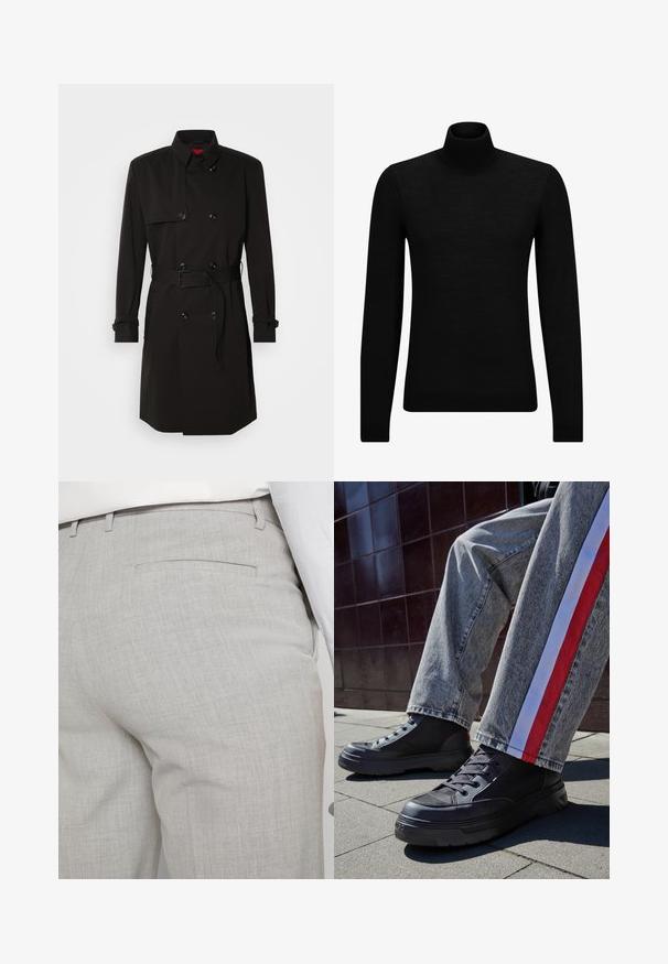 Cappotto lungo nero con design doppiopetto, grandi bottoni, vita con cintura e colletto alto. Tessuto liscio con finitura opaca.; Maglione a collo alto nero realizzato in materiale morbido, con maniche lunghe e vestibilità aderente. Bordo a coste all'orlo e ai polsini. Design semplice.; Pantaloni sartoriali grigio chiaro realizzati in tessuto strutturato, con una tasca posteriore singola e cuciture pulite.; Sneaker alte nere con pannelli in rete e suole in gomma spessa, abbinate a jeans grigi con strisce laterali rosse e bianche.