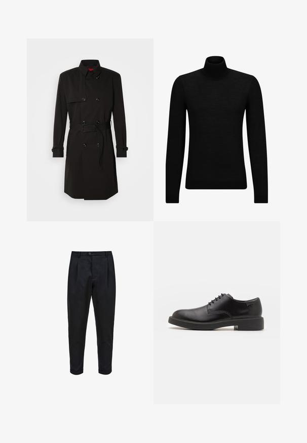 Sort trenchcoat med dobbeltrækkerdesign, store knapper, beltestrop i taljen og høj krave. Glat stof med mat finish.; Sort turtleneck sweater lavet af blødt materiale, med lange ærmer og en tætsiddende pasform. Ribbet trim ved kanten og manchetter. Simpelt design.; Sorte bukser lavet af et glat stof, med plisseret for, tætsiddende pasform og optrukne mansjetter. Enkel knaplukning i taljen.; Sorte læder snørestøvle med rund tå, glat tekstur, minimal syning og lav gummihæl. Logo på hælen.