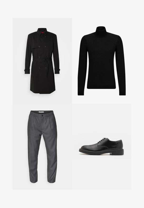 Crni trench kaput s dvostrukim kopčanjem, velikim gumbima, remenom u struku i visokim ovratnikom. Glatka tkanina s mat završetkom.; Crni dukserica s visokim ovratnikom, napravljena od mekanog materijala, s dugim rukavima i priljubljenim krojem. Rebrasti detalji na donjem rubu i rukavima. Jednostavan dizajn.; Sive hlače s teksturiranim materijalom, suženog kroja, elastičnim strukom i kopčanjem na dugme. Imaju nabore za dodatnu detaljnost.; Crne kožne cipele s vezanjem i zaobljenim vrhom, glatke teksture, minimalnim šavovima i niskim gumiranim potplatom. Logo se nalazi na peti.