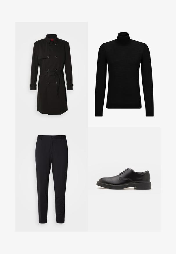 Čierny trenčkot s dvojradovým dizajnom, veľkými gombíkmi, opaskom v páse a vysokým golierom. Hladká tkanina s matným povrchom.; Čierny rolák vyrobený z jemného materiálu, s dlhými rukávmi a tesným strihom. Hranatý lem a manžety s ribbed úpravou. Jednoduchý dizajn.; Čierne nohavice s textúrovanou tkaninou, rovného strihu, s klasickým pásom a gombíkom, a bočnými vreckami.; Čierne kožené šnurovacie topánky s okrúhlou špičkou, hladkým povrchom, minimálnym prešívaním a nízkym gumovým podpätkom. Logo na podpätku.
