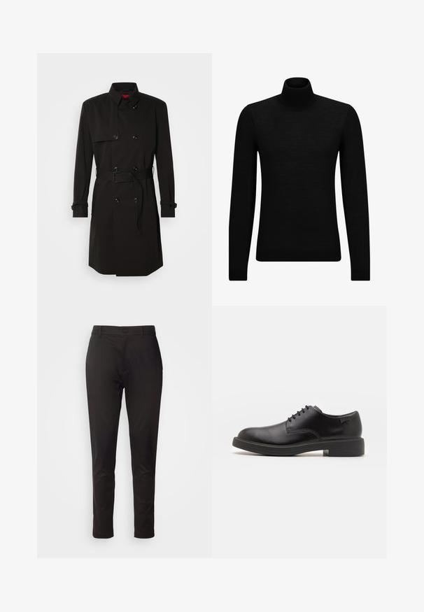 Cappotto lungo nero con design doppiopetto, grandi bottoni, vita con cintura e colletto alto. Tessuto liscio con finitura opaca.; Maglione a collo alto nero realizzato in materiale morbido, con maniche lunghe e vestibilità aderente. Bordo a coste all'orlo e ai polsini. Design semplice.; Pantaloni neri a gamba dritta realizzati in un tessuto liscio e leggero. Presentano una chiusura con bottone e tasche standard, con un design pulito e minimalista.; Scarpa nera in pelle con lacci, punta tonda, texture liscia, cuciture minime e tacco in gomma basso. Logo sul tacco.