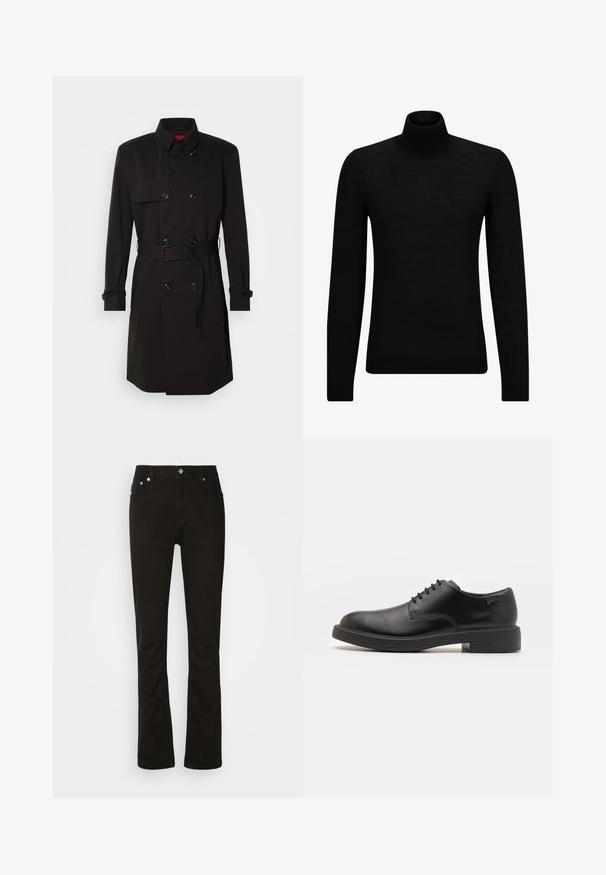 Zwarte trenchcoat met een dubbelzijdig ontwerp, grote knopen, een tailleband en een hoge kraag. Gladde stof met een matte afwerking.; Zwarte coltrui van zacht materiaal, met lange mouwen en een snug fit. Geribbelde afwerking aan de onderkant en mouwen. Eenvoudig ontwerp.; Zwarte denim jeans met een recht model, voorzien van voorzakken, een rits en zilveren hardware accenten. Soepele textuur, zonder patronen.; Zwarte leren veterschoen met een ronde neus, een gladde textuur, minimale stiksels en een lage rubberen hak. Logo op de hak.