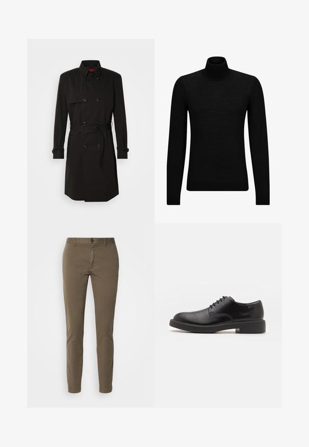 Cappotto lungo nero con design doppiopetto, grandi bottoni, vita con cintura e colletto alto. Tessuto liscio con finitura opaca.; Maglione a collo alto nero realizzato in materiale morbido, con maniche lunghe e vestibilità aderente. Bordo a coste all'orlo e ai polsini. Design semplice.; HUGO DAVID - Chino - beige; Scarpa nera in pelle con lacci, punta tonda, texture liscia, cuciture minime e tacco in gomma basso. Logo sul tacco.