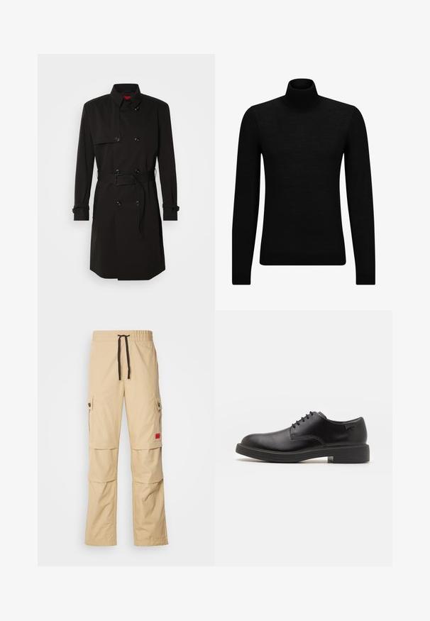Black trench coat featuring a double-breasted design, large buttons, a belted waist, and a high collar. Smooth fabric with a matte finish.; Black turtleneck sweater made of soft material, featuring long sleeves and a snug fit. Ribbed trim at the hem and cuffs. Simple design.; Beige cargo pants with an elastic waistband, black drawstring, side pockets, and a small red logo detail on the thigh.; Black leather lace-up shoe with a rounded toe, smooth texture, minimal stitching, and a low rubber heel. Logo on the heel.