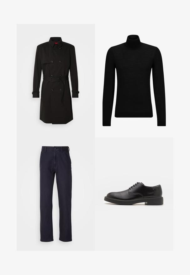 Black trench coat featuring a double-breasted design, large buttons, a belted waist, and a high collar. Smooth fabric with a matte finish.; Black turtleneck sweater made of soft material, featuring long sleeves and a snug fit. Ribbed trim at the hem and cuffs. Simple design.; Navy chinos made of cotton blend fabric, featuring a button closure, straight legs, and minimal accents for a classic look.; Black leather lace-up shoe with a rounded toe, smooth texture, minimal stitching, and a low rubber heel. Logo on the heel.