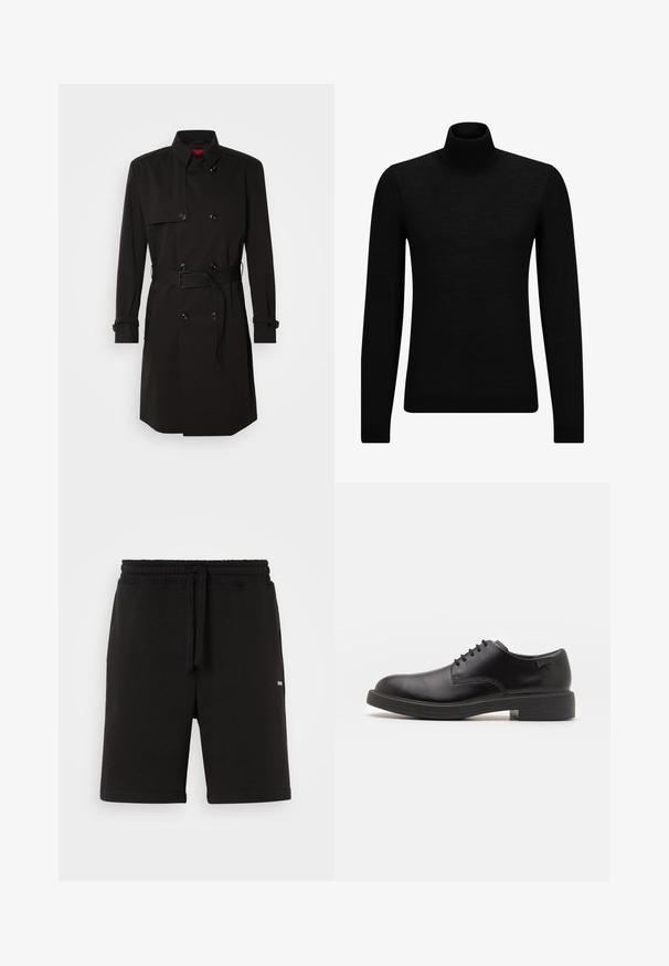 Zwarte trenchcoat met een dubbelzijdig ontwerp, grote knopen, een tailleband en een hoge kraag. Gladde stof met een matte afwerking.; Zwarte coltrui van zacht materiaal, met lange mouwen en een snug fit. Geribbelde afwerking aan de onderkant en mouwen. Eenvoudig ontwerp.; Zwarte katoenen shorts met een elastische tailleband en drawstring. Voorzien van zijzakken en een klein logo aan de voorkant. Glad textuur.; Zwarte leren veterschoen met een ronde neus, een gladde textuur, minimale stiksels en een lage rubberen hak. Logo op de hak.