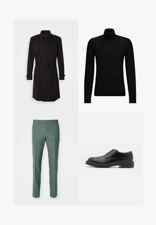 Zwarte trenchcoat met een dubbelzijdig ontwerp, grote knopen, een tailleband en een hoge kraag. Gladde stof met een matte afwerking.; Zwarte coltrui van zacht materiaal, met lange mouwen en een snug fit. Geribbelde afwerking aan de onderkant en mouwen. Eenvoudig ontwerp.; Op maat gemaakte broeken in een gedempte groene kleur, vervaardigd uit gestructureerde stof, met een rechte broekspijpen ontwerp en subtiele voorplooien.; Zwarte leren veterschoen met een ronde neus, een gladde textuur, minimale stiksels en een lage rubberen hak. Logo op de hak.