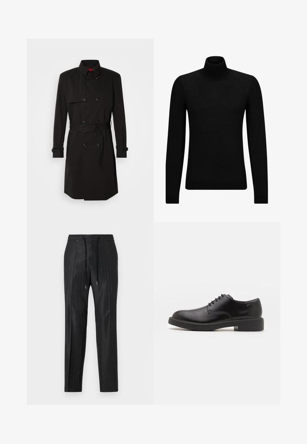 Fekete trench kabát, dupla gombos dizájnnal, nagy gombokkal, övvel ellátott derékkal és magas gallérral. Simább anyag, matt felülettel.; Fekete garbó pulóver puha anyagból, hosszú ujjakkal és szoros fazonnal. Ribbed díszítés az alján és az ujjak végén. Egyszerű dizájn.; Fekete csíkozott nadrág sima anyagból, kényelmes, elasztikus derékrésszel és húzózsinóros részletekkel. Diszkrét logó részletezéssel rendelkezik.; Fekete bőrcipő, kerek orrú, sima felületű, minimális varrással és alacsony gumitalppal. Logó a sarokrészen.