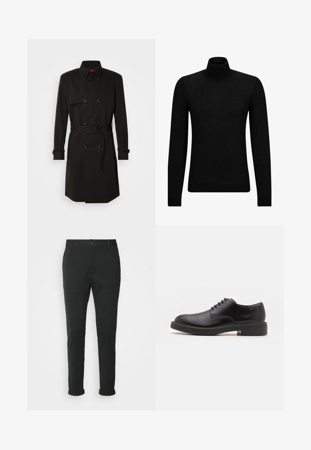 Black trench coat featuring a double-breasted design, large buttons, a belted waist, and a high collar. Smooth fabric with a matte finish.; Black turtleneck sweater made of soft material, featuring long sleeves and a snug fit. Ribbed trim at the hem and cuffs. Simple design.; Black trousers made from a smooth fabric with a straight fit. Features a single button closure and rolled cuffs.; Black leather lace-up shoe with a rounded toe, smooth texture, minimal stitching, and a low rubber heel. Logo on the heel.