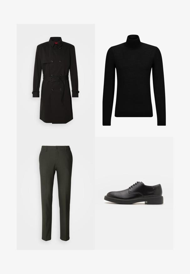 Crni trench kaput s dvostrukim kopčanjem, velikim gumbima, remenom u struku i visokim ovratnikom. Glatka tkanina s mat završetkom.; Crni dukserica s visokim ovratnikom, napravljena od mekanog materijala, s dugim rukavima i priljubljenim krojem. Rebrasti detalji na donjem rubu i rukavima. Jednostavan dizajn.; Les Deux COMO PANTS SEASONAL - Chino hlače - deep forest/charcoal; Crne kožne cipele s vezanjem i zaobljenim vrhom, glatke teksture, minimalnim šavovima i niskim gumiranim potplatom. Logo se nalazi na peti.