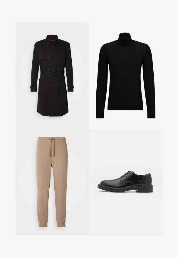 Black trench coat featuring a double-breasted design, large buttons, a belted waist, and a high collar. Smooth fabric with a matte finish.; Black turtleneck sweater made of soft material, featuring long sleeves and a snug fit. Ribbed trim at the hem and cuffs. Simple design.; Beige cotton sweatpants with an elastic waist, drawstring, side pockets, and ribbed cuffs, featuring a smooth texture and tapered fit.; Black leather lace-up shoe with a rounded toe, smooth texture, minimal stitching, and a low rubber heel. Logo on the heel.