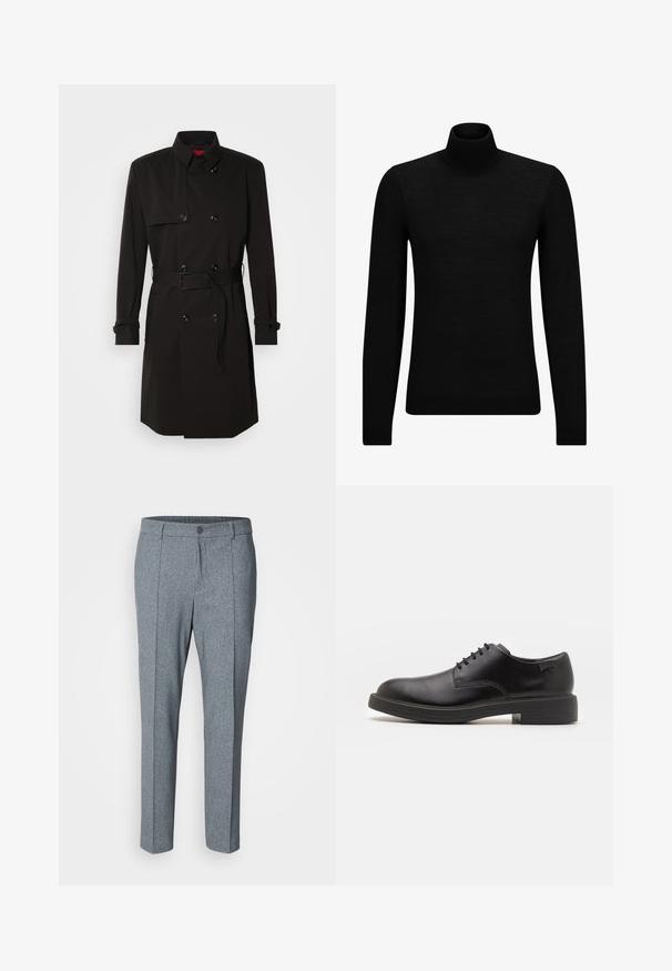 Svart trench coat med dubbelknäppt design, stora knappar, midjebälte och hög krage. Slät tyg med matt ytfinish.; Svart polotröja gjord av mjukt material, med långa ärmar och en åtsittande passform. Ribbat avslut vid fåll och ärmslut. Enkelt mönster.; Grå skräddarsydda byxor med ett texturerat mönster, rak bendesign, enkel knappstängning och två framfickor.; Svart läder snörsko med rund tå, slät yta, minimal söm och låg gummihäl. Logotyp på hälen.