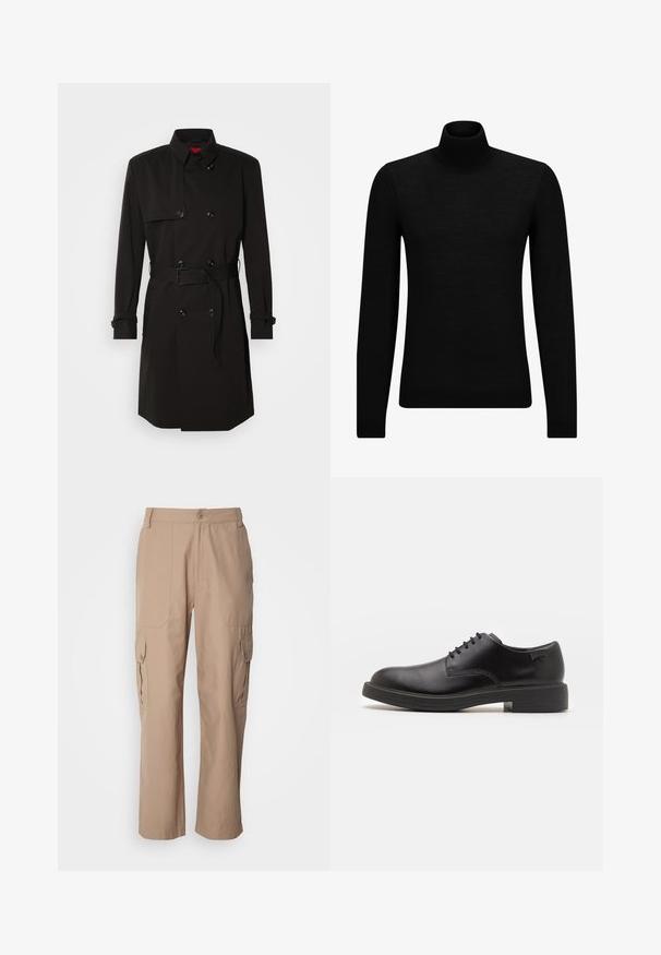 Melns tranšejas mētelis ar dubulto pogu dizainu, lielām pogām, jostu viduklī un augstu apkakli. Gluda auduma ar matētu apdari.; Melnā augstā kakla džemperis, kas izgatavots no mīksta materiāla, ar garām piedurknēm un pieguļušu piegriezumu. Ribota apdare ap apakšu un piedurknēm. Vienkāršs dizains.; Haki kravas bikses izgatavotas no viegla auduma, ar divām sānu kabatām, pogu aizdari un taisnu kājstarpi.; Melna āda sašūta kurpe ar noapaļotu purngalu, gludu tekstūru, minimālu šuvju skaitu un zemu gumijas papēdi. Logo uz papēža.