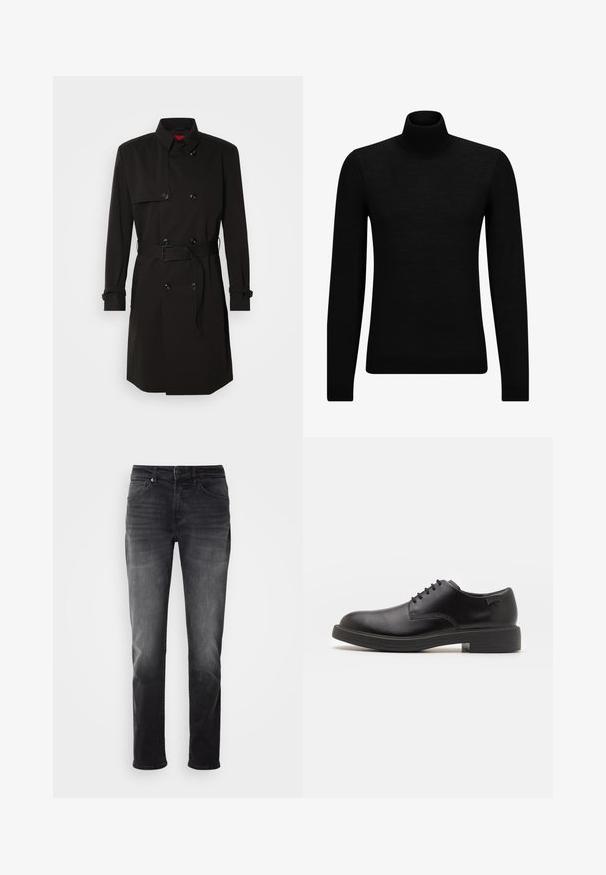 Juodas ilgas paltas su dvigubu užsegimu, didelėmis sagomis, diržu ties juosmeniu ir aukštu apykakle. Lygi medžiaga su matinio paviršiaus apdaila.; Juodas aukšto kaklo megztinis, pagamintas iš minkštos medžiagos, su ilgomis rankovėmis ir prigludusia forma. Su raukiniais apačioje ir rankogaliuose. Paprastas dizainas.; Juodos džinsinės kelnės su tiesia kojų forma. Yra mygtuko ir užtrauktuko uždarymas, penki kišenės ir subtilus audinio nusidėvėjimas.; Juodas odinis batų modelis su raišteliais, apvaliu nosiu, lygiu paviršiumi, minimaliai siuvinėjimu ir žemu guminėmis pakulne. Ant pakulnės šalia logo.