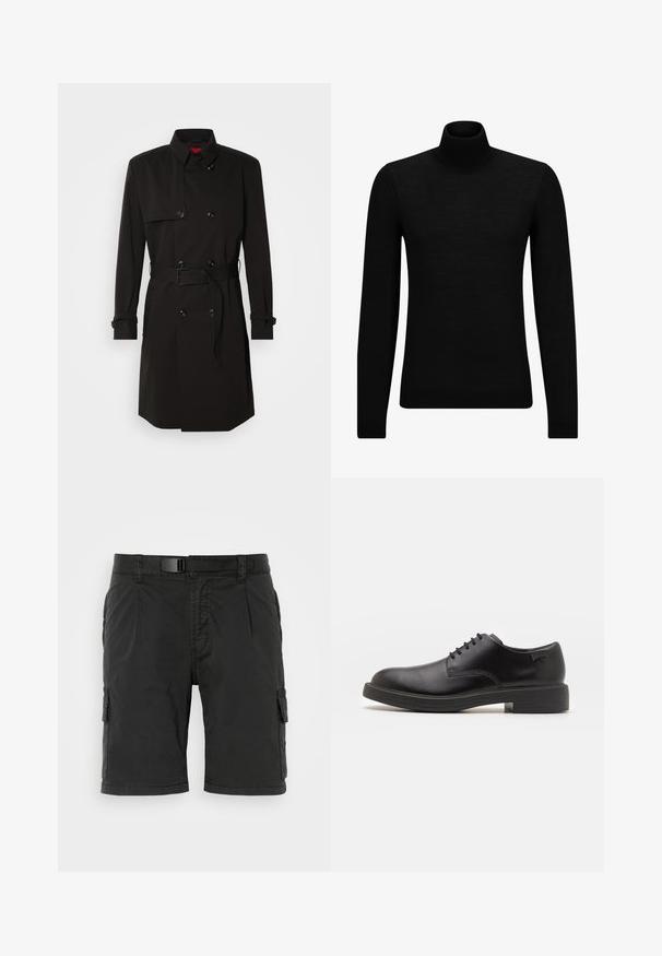 Čierny trenčkot s dvojradovým dizajnom, veľkými gombíkmi, opaskom v páse a vysokým golierom. Hladká tkanina s matným povrchom.; Čierny rolák vyrobený z jemného materiálu, s dlhými rukávmi a tesným strihom. Hranatý lem a manžety s ribbed úpravou. Jednoduchý dizajn.; Čierne cargo kraťasy s plochým predným dielom, viacerými bočnými vreckami a opaskom, vyrobené z odolnej tkaniny s hladkým povrchom.; Čierne kožené šnurovacie topánky s okrúhlou špičkou, hladkým povrchom, minimálnym prešívaním a nízkym gumovým podpätkom. Logo na podpätku.